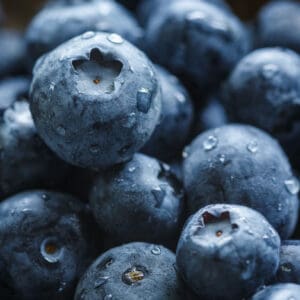A close up of some blueberries with water drops on them