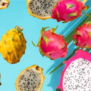 A blue table topped with different types of fruit.