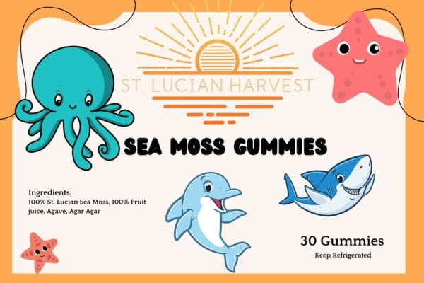 A picture of sea animals and text that reads " sea moss gummies ".