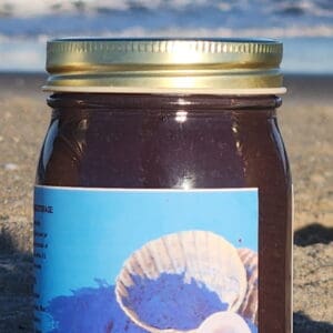 Jar on beach with blueberry label.